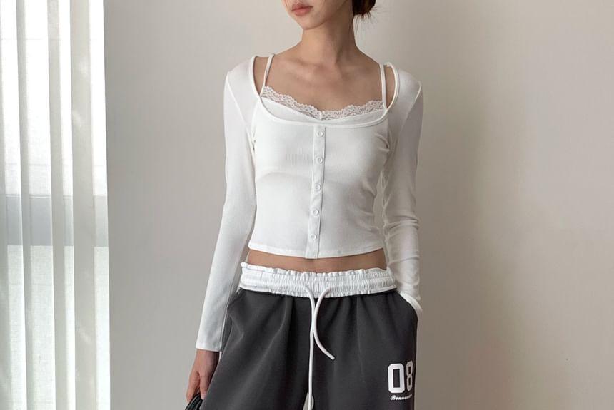 Long-Sleeve V-Neck Mock Two-Piece Plain Button Accent Lace Trim Crop T-Shirt Product Image