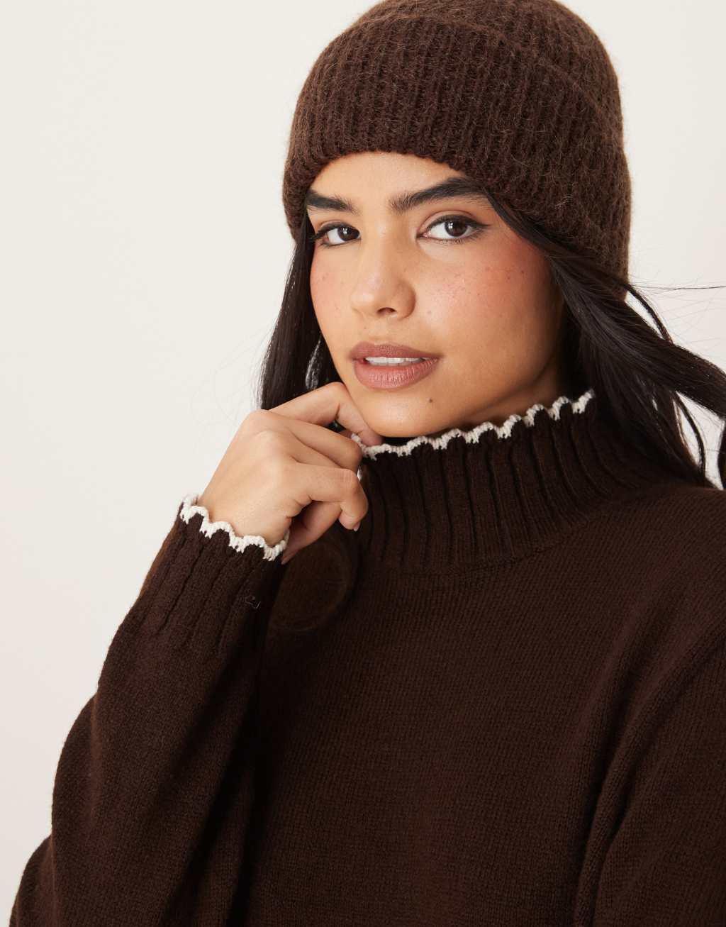 ASOS DESIGN blanket stitch high neck sweater in chocolate Product Image