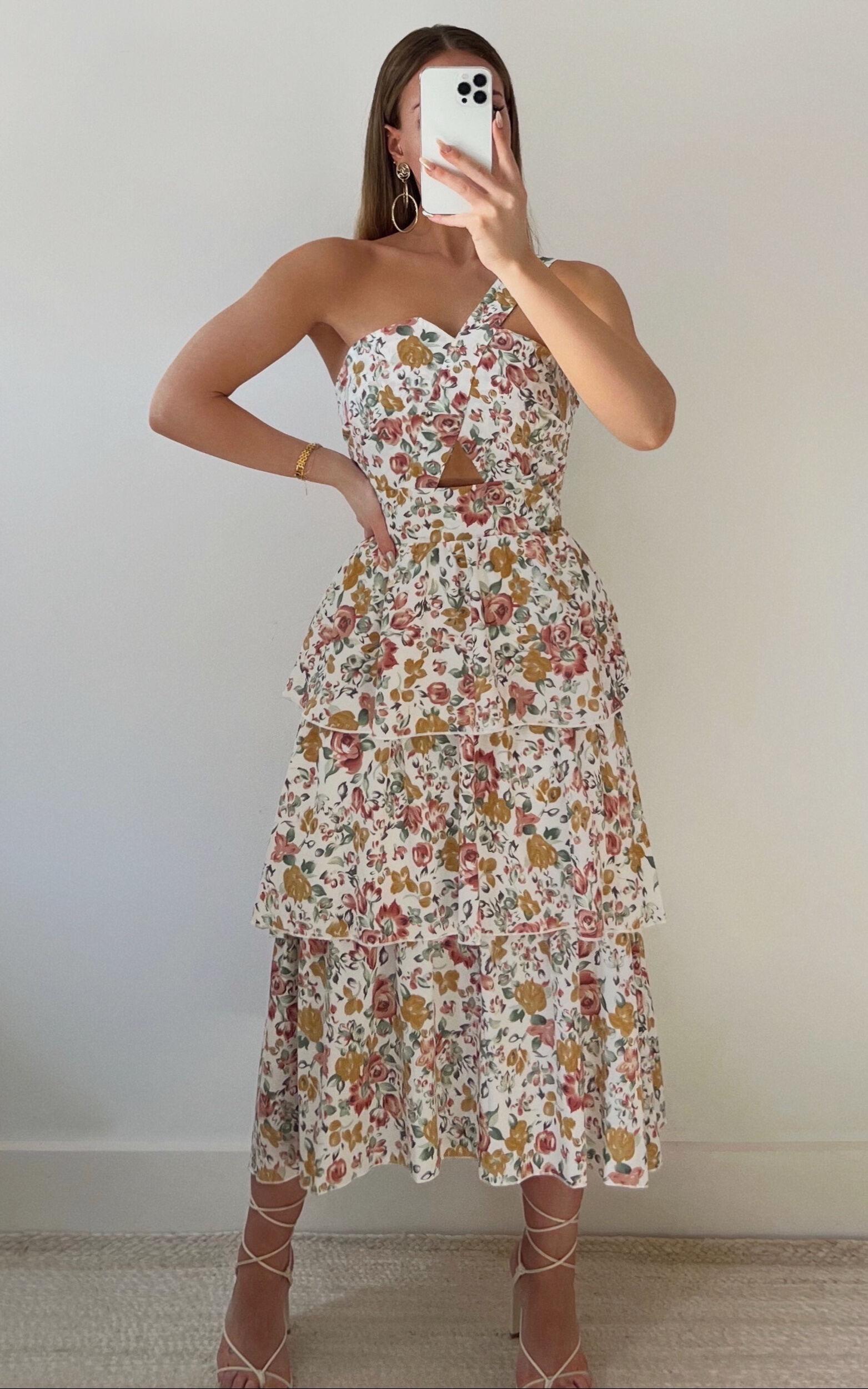 Caro Midi Dress - One Shoulder Tiered Dress in Multi Floral Product Image