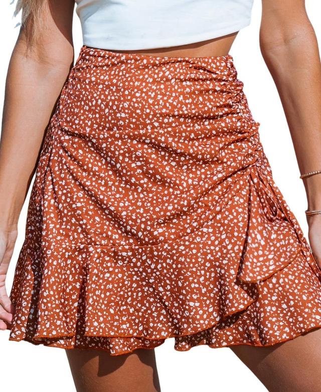 Cupshe Womens Brick Red Floral Ditsy Asymmetrical Ruffle Mini Skirt Product Image