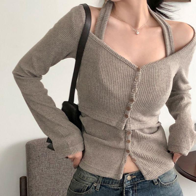 Long-Sleeve Halter Neck Plain Knit Top Product Image