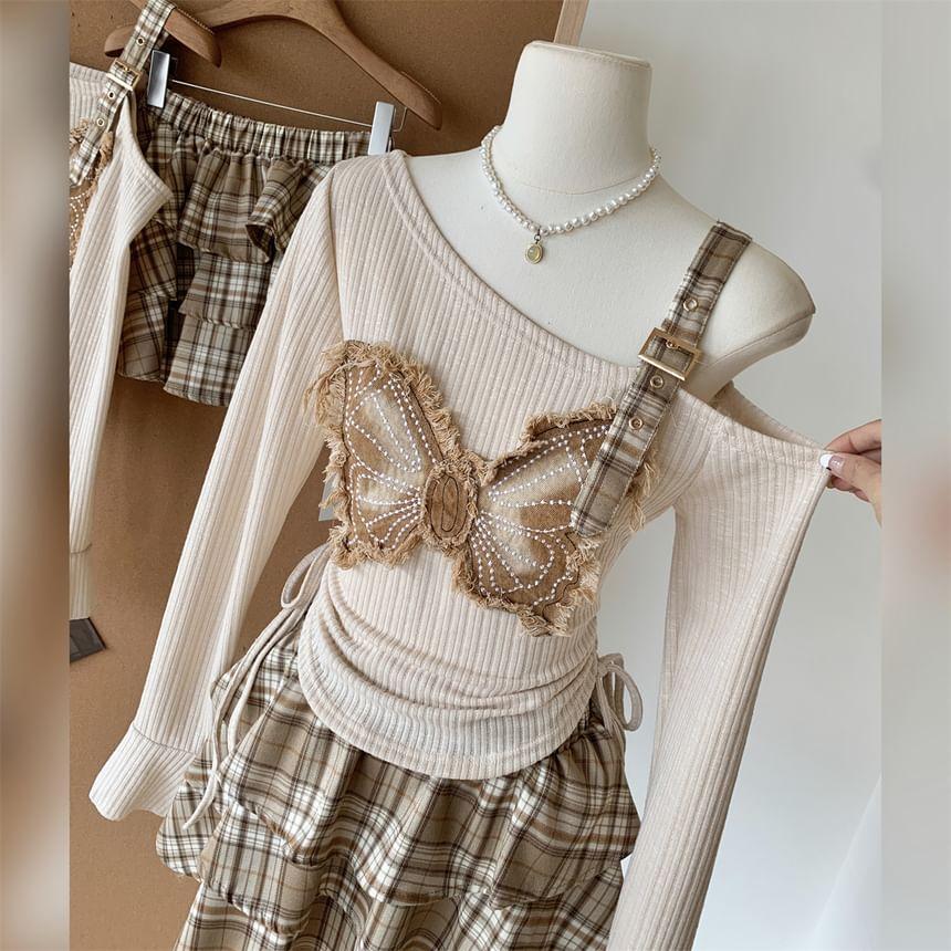 Set: Long-Sleeve Butterfly Accent Asymmetrical Top + Plaid Mini Tiered Skirt Product Image