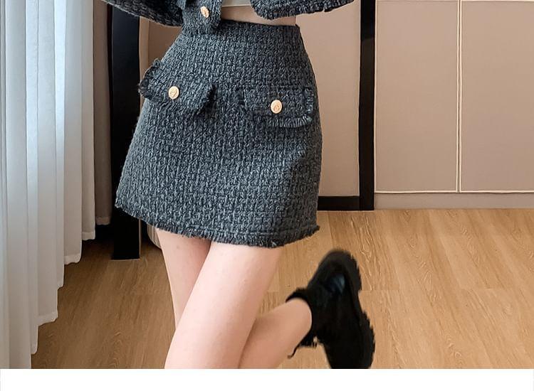 Set: V-Neck Frayed Button-Up Tweed Crop Jacket + High Waist Mini A-Line Skirt Product Image