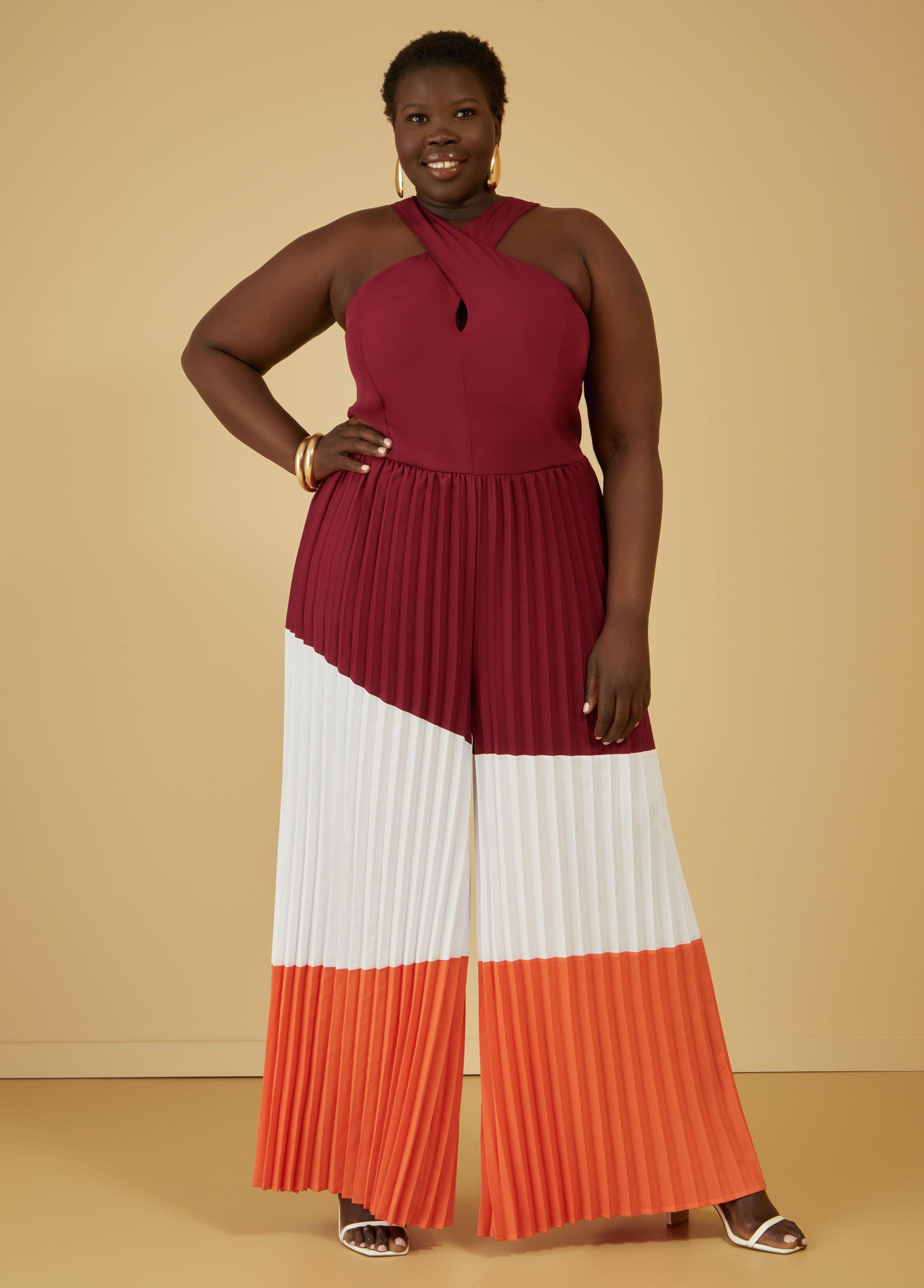 Plus Size Pleated Colorblock Jumpsuit Ashley Stewart Product Image