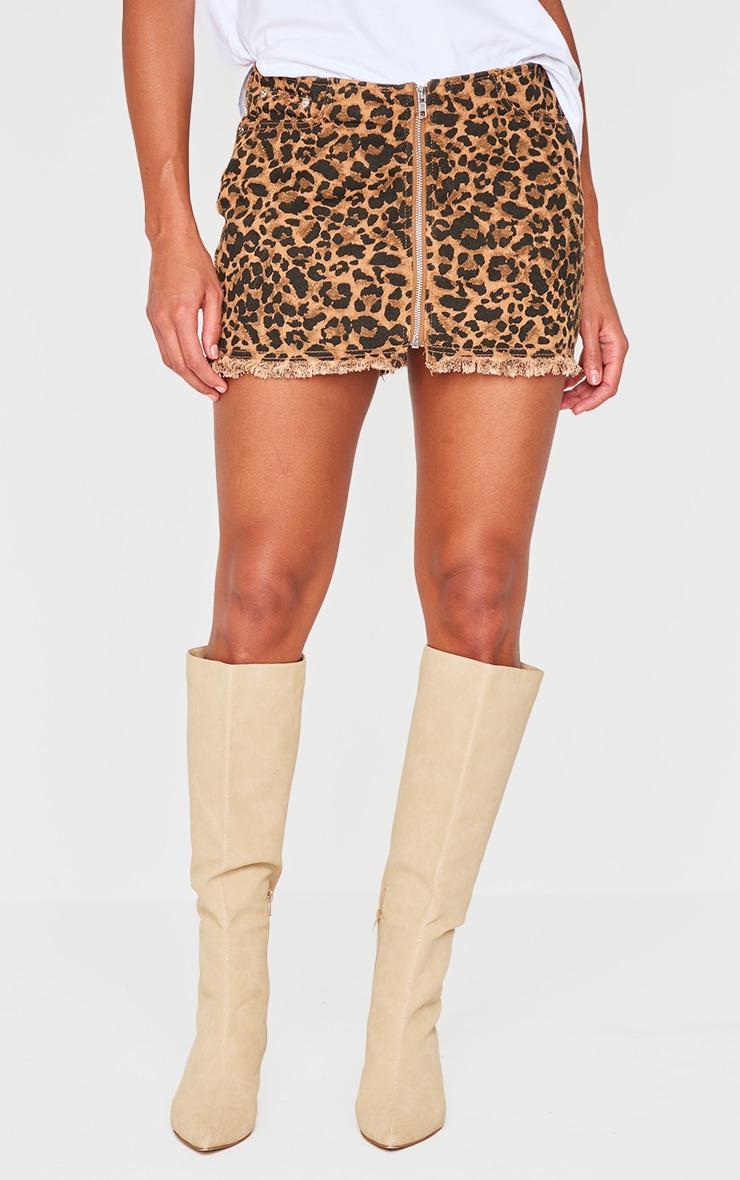 Brown Leopard Print Zip Front Denim Mini Skirt Product Image