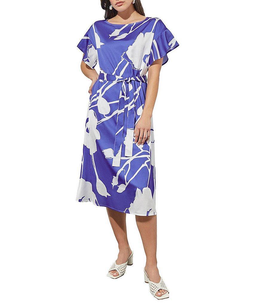 Ming Wang Crepe de Chine Boat Neck Short Ruffle Sleeve Belted Midi Shift Dress Product Image