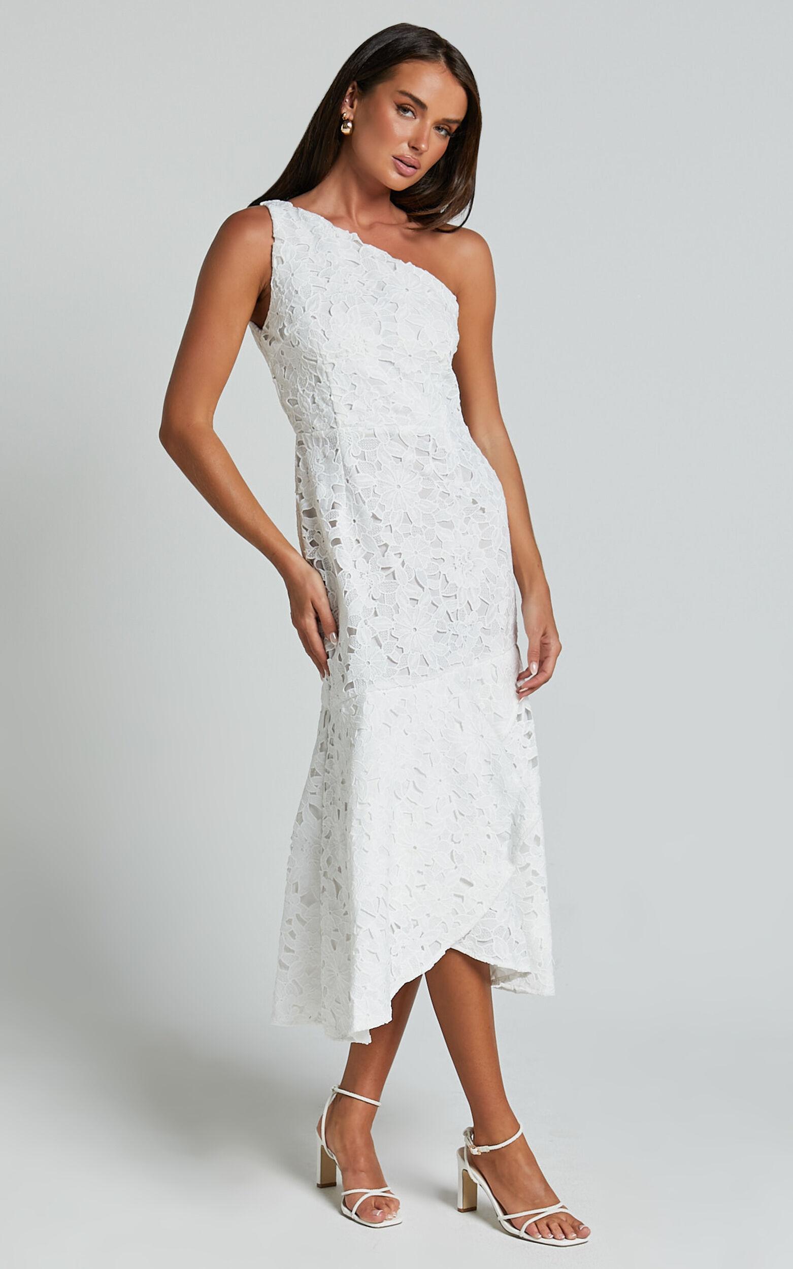 Beth Midi Dress - One Shoulder Ruffle Hem Lace Dress in White Product Image