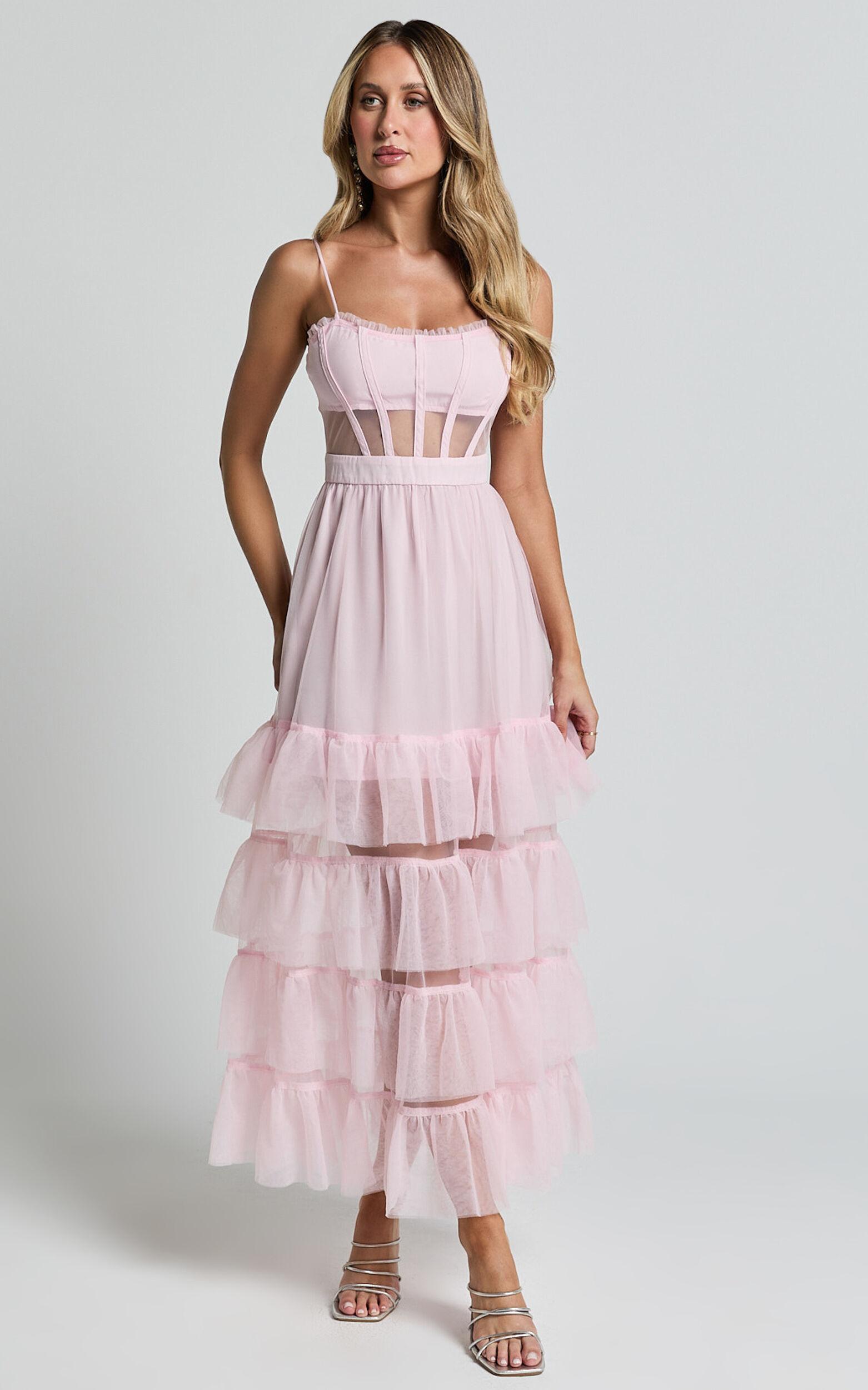 Evelynn Maxi Dress - Sweetheart Corset Bodice Fit & Flare Tiered in Ballet Pink Product Image