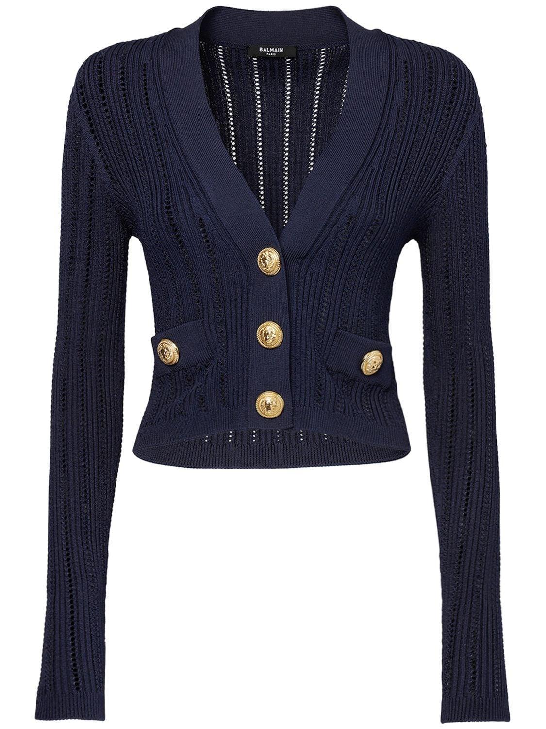 Cropped Knit Viscose Cardigan In Navy product image