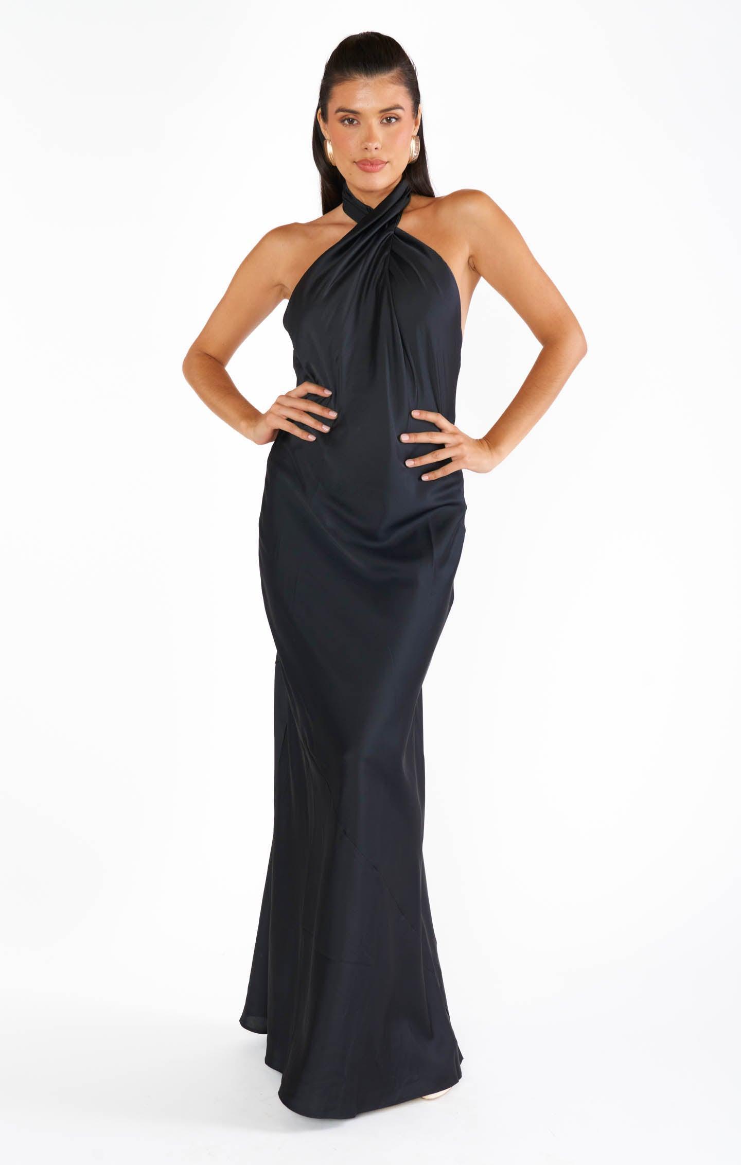 Jasmine Halter Maxi Dress ~ Black Luxe Satin Product Image