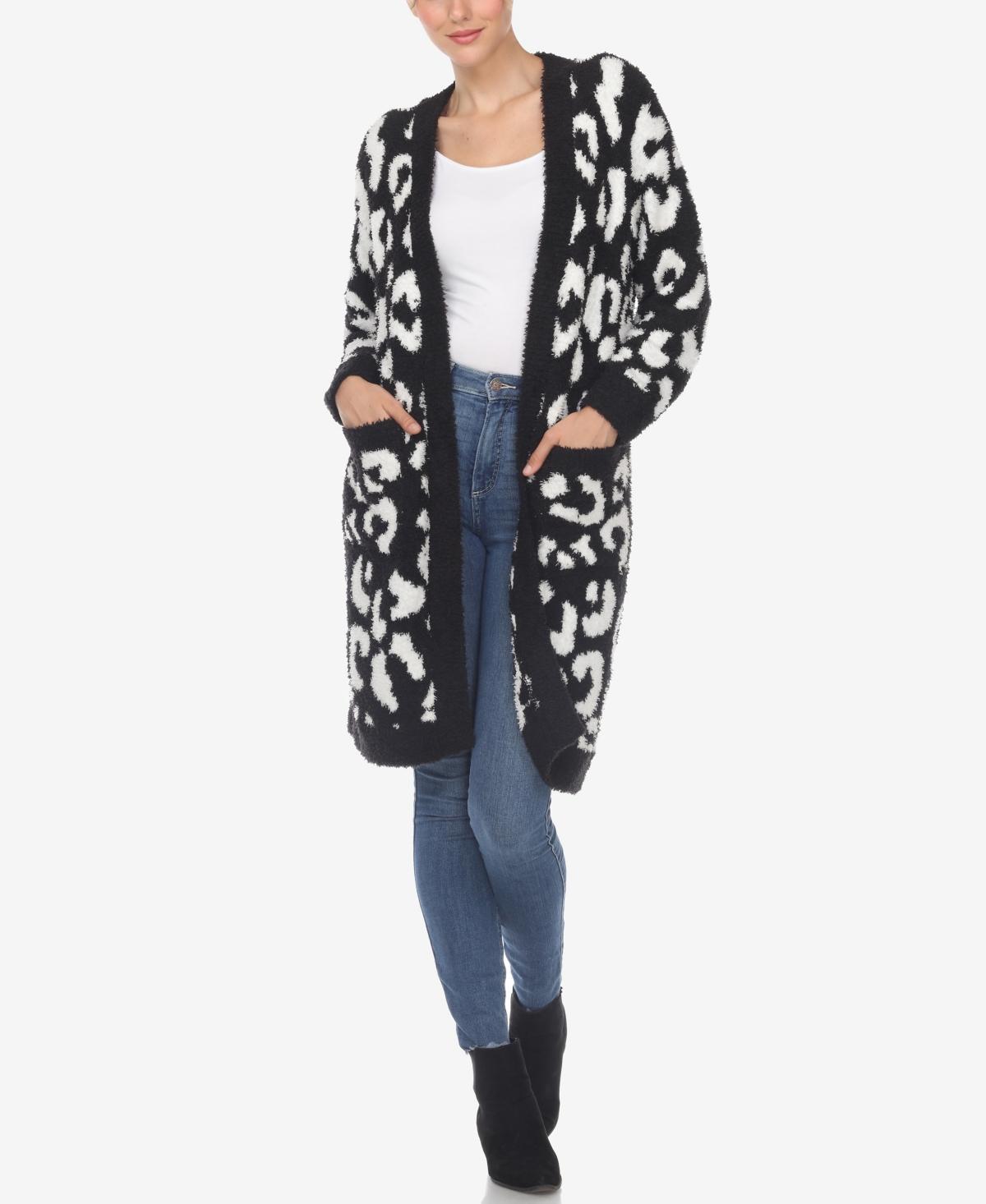 White Mark Womens Leopard Print Open Front Sherpa Cardigan - Black Product Image