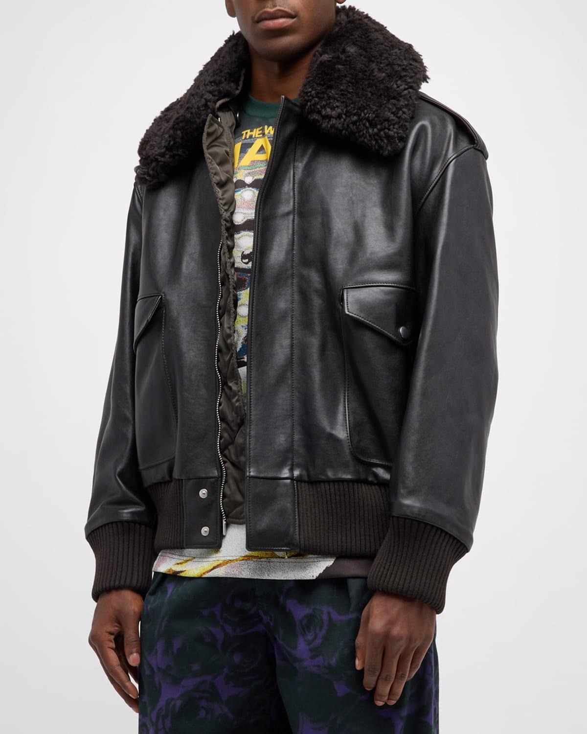 burberry Leather Bomber Jacket with Removable Genuine Shearling Trim Product Image