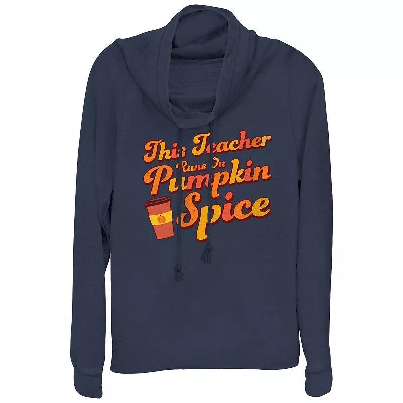 Plus Size This Teacher Runs On Pumpkin Spice Cowlneck Graphic Lightweight Long Sleeve, Womens Blue Product Image