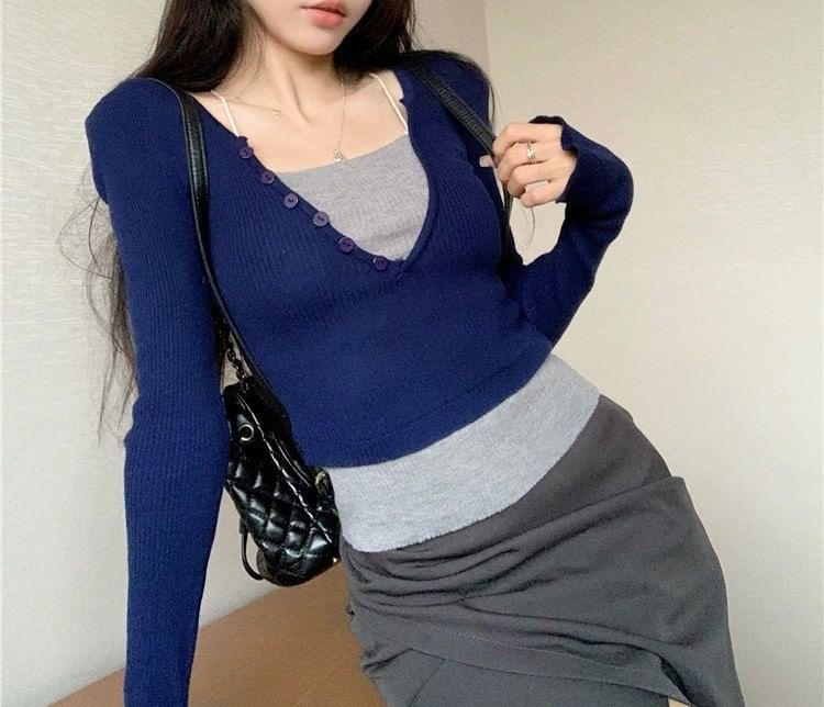 Mock Two-Piece Long-Sleeve Two Tone Knit Top Product Image