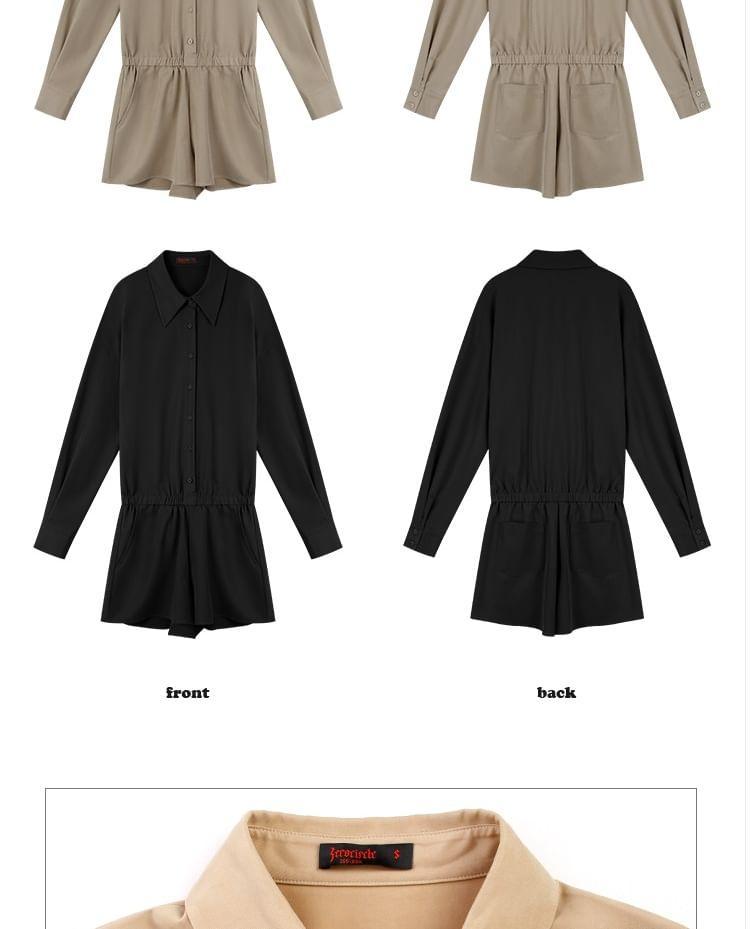 Long-Sleeve Collar Plain Wide Leg Romper Product Image