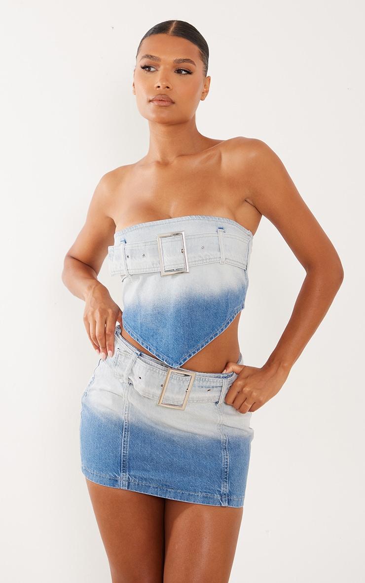 Faded Mid Blue Wash Belted Denim Mini Skirt Product Image