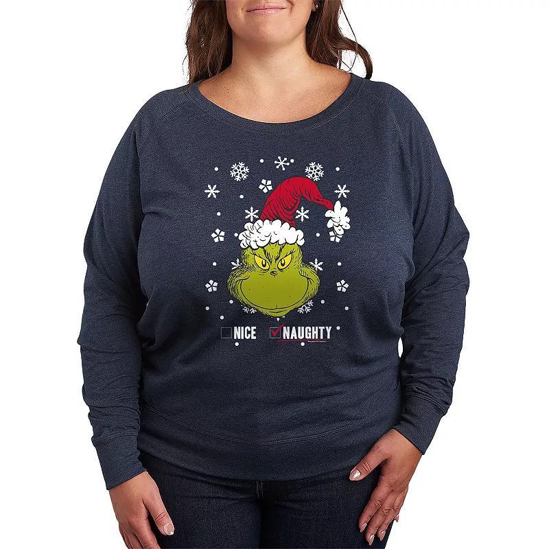 Plus Size Dr. Seuss The Grinch Naughty Or Nice Lightweight French Terry Sweatshirt, Womens Grey Indigo Product Image