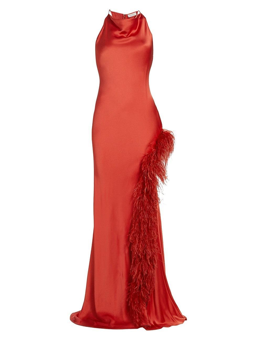 Womens Feather-Trimmed Satin Halter Gown Product Image