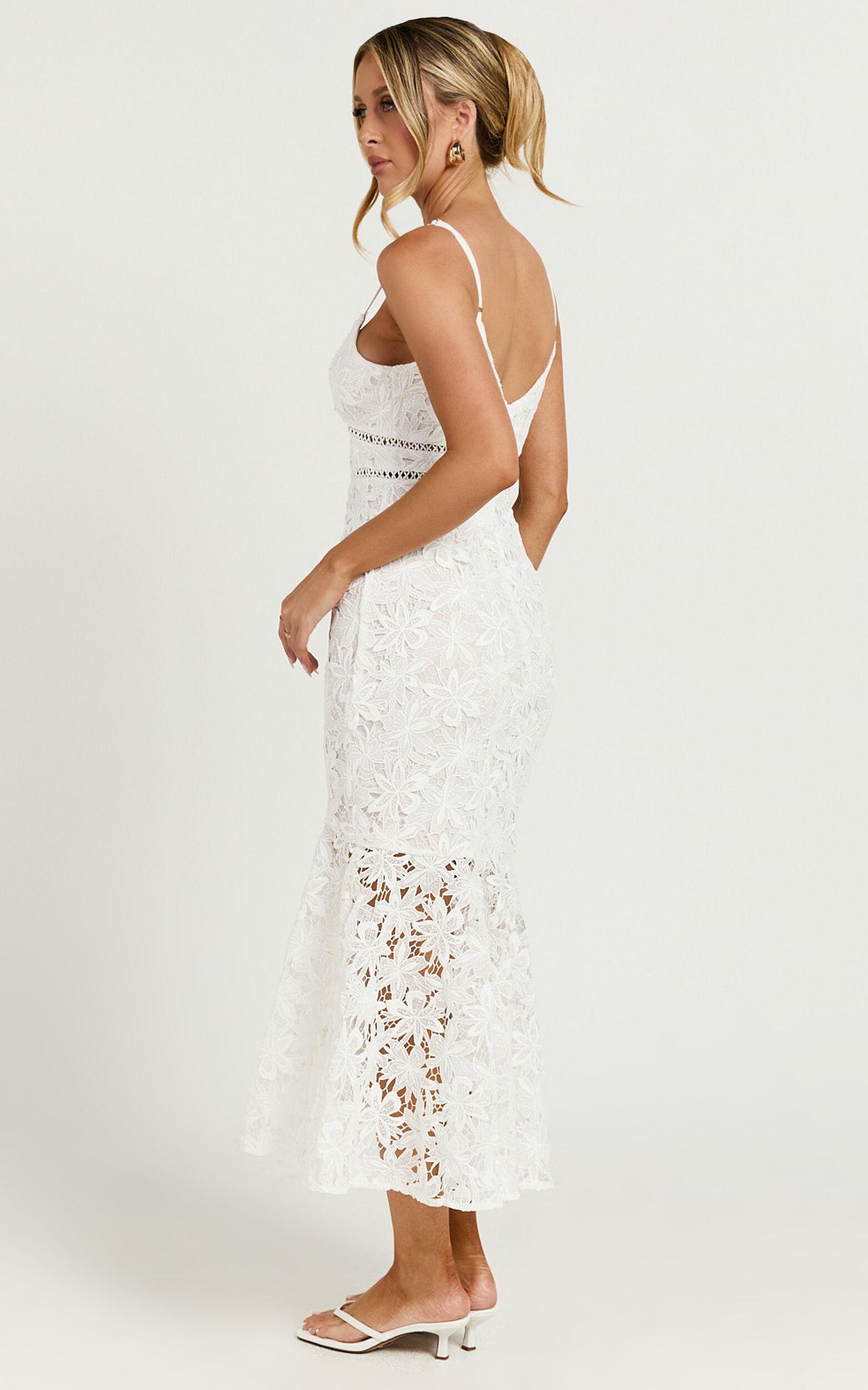 Aracely Midi Dress - Strappy Sweetheart Lace Mermaid Dress in White Product Image