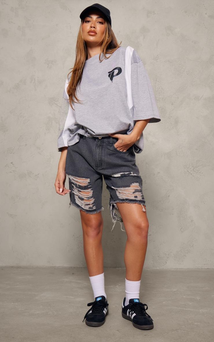 Washed Grey Distressed Longline Boyfriend Shorts Product Image