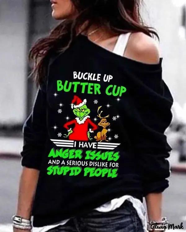 Olivia Mark – Christmas Grinches Letter Print Off Shoulder Long Sleeve Top Product Image