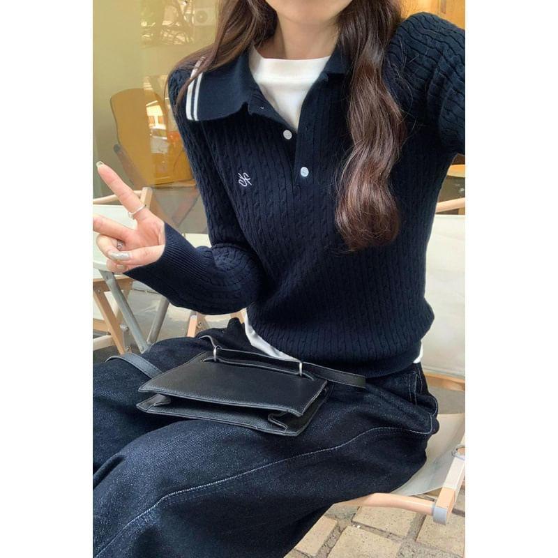 Collar Letter Embroidered Cable-Knit Sweater Product Image