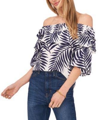 Petite Printed Double-Ruffle Bubble-Sleeve Blouse Product Image