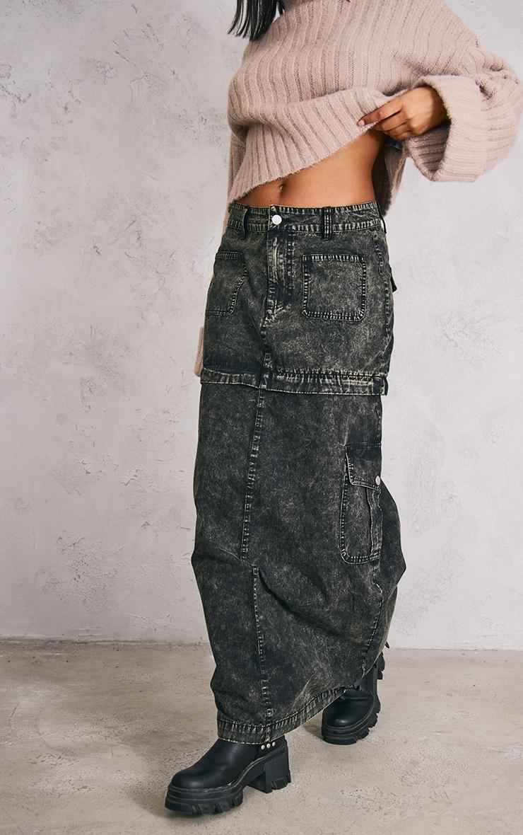 Charcoal Acid Wash Heavy Twill Cargo Maxi Skirt With Separating Zip Product Image