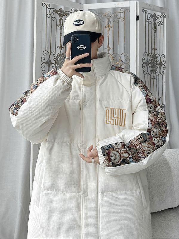 Hooded Print Panel Button-Up Puffer Jacket Product Image