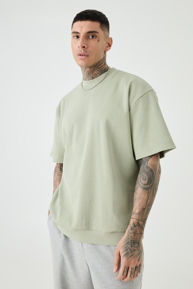 Mens Green Tall Oversized Heavyweight Ribbed Short Sleeve Sweatshirt, Green Product Image