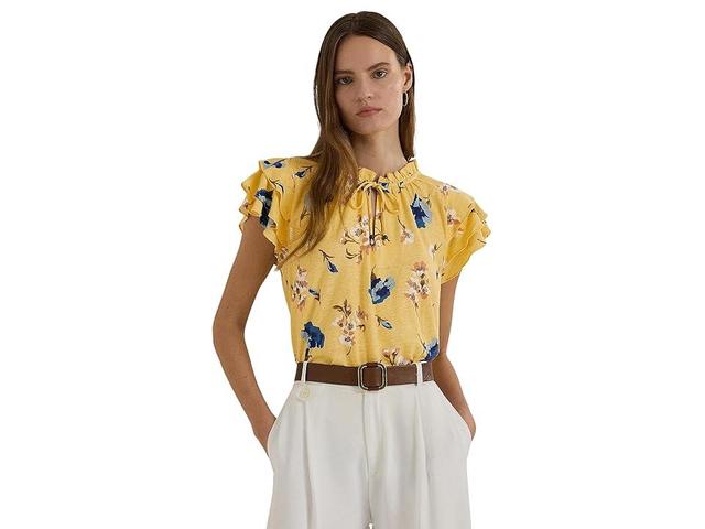 Lauren Ralph Lauren Petite Floral Linen-Blend Jersey Tie-Neck Top Multi) Women's Clothing Product Image