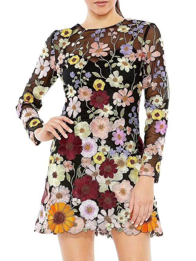 Womens Long-Sleeve Embroidered Floral Minidress Product Image