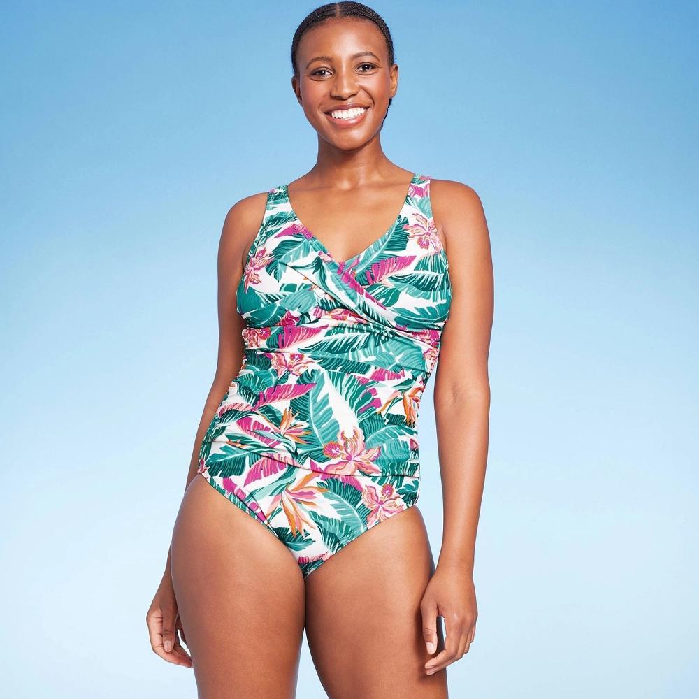 Women's Full Coverage Tummy Control Tropical Print Front Wrap One Piece Swimsuit - Kona Sol™ Multi S Product Image