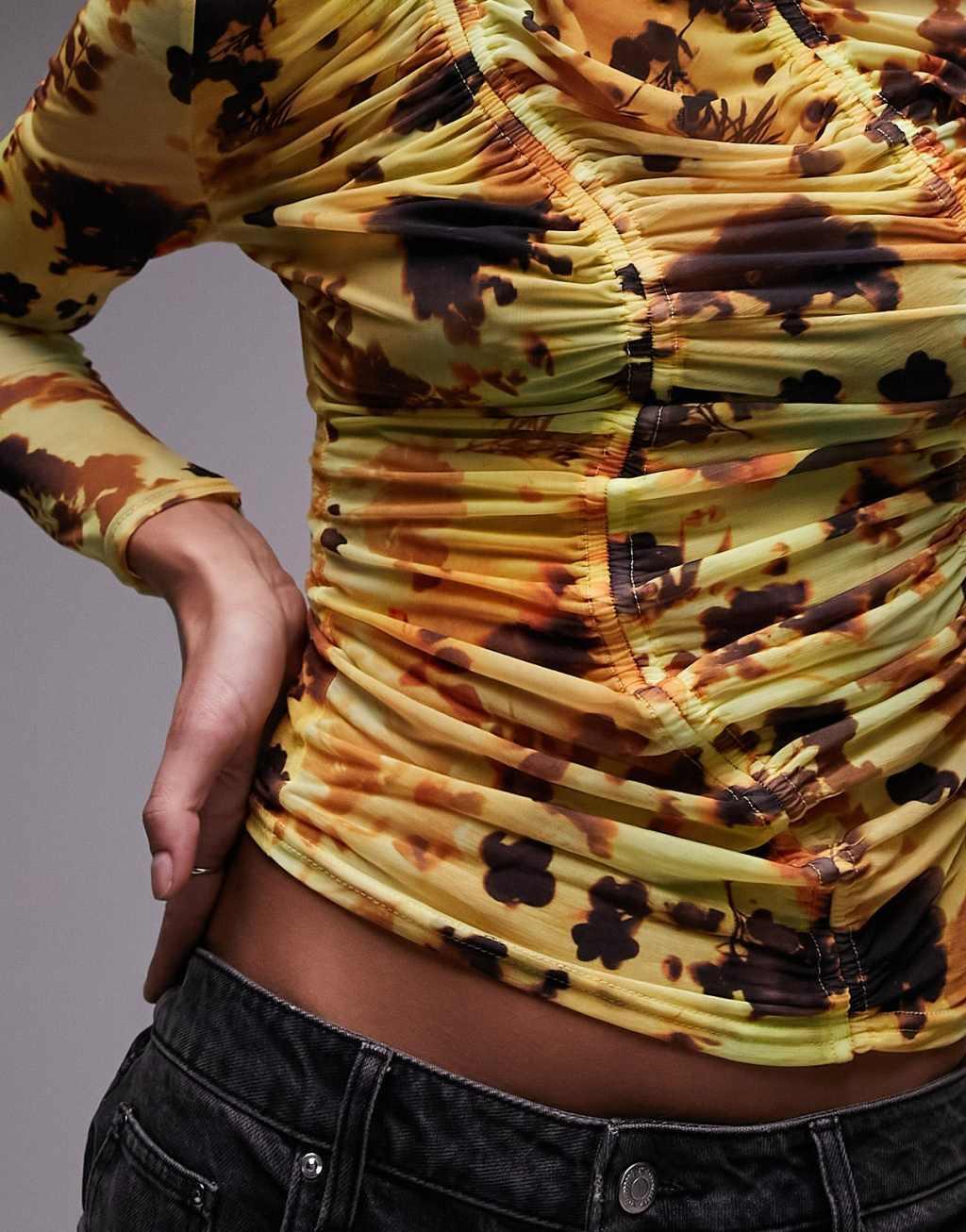 Topshop long sleeve ruched printed mesh top in yellow  Product Image