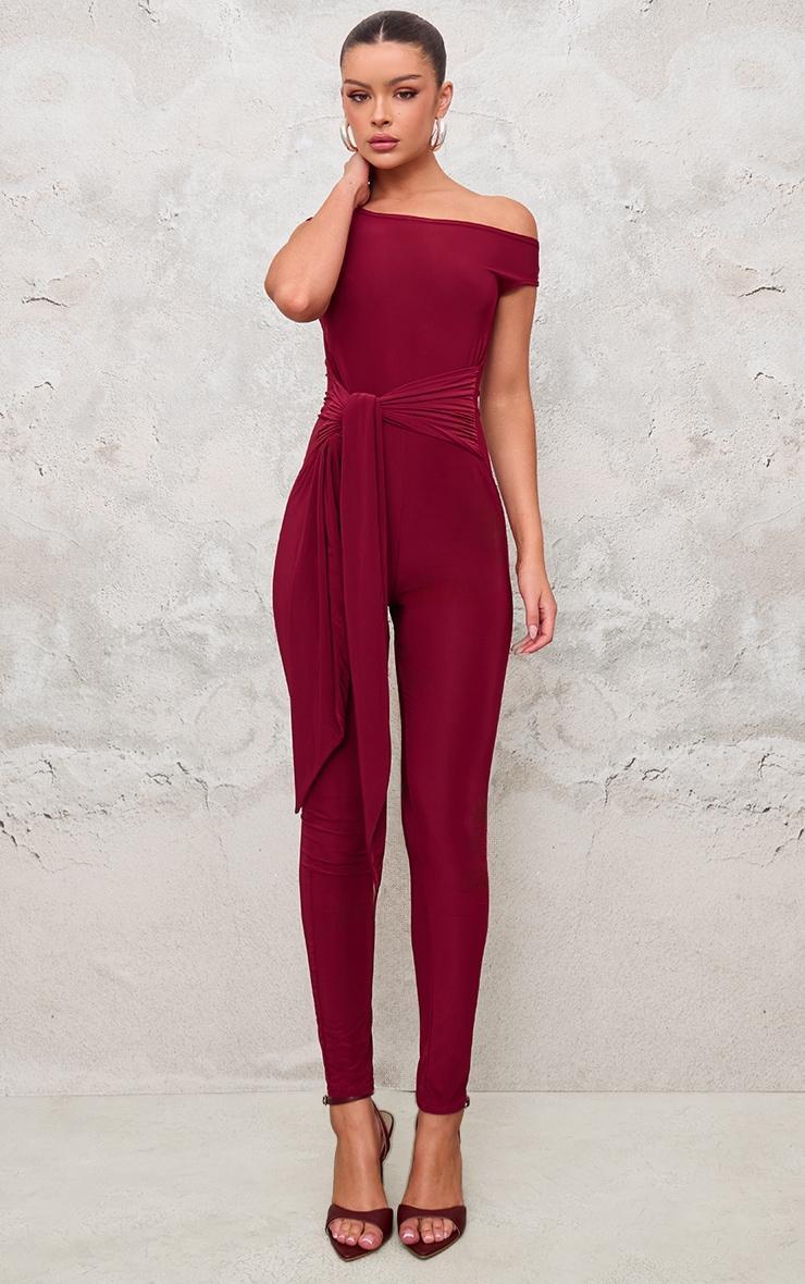 Burgundy Double Layer Slinky Knot Detail Wrap Front Jumpsuit Product Image