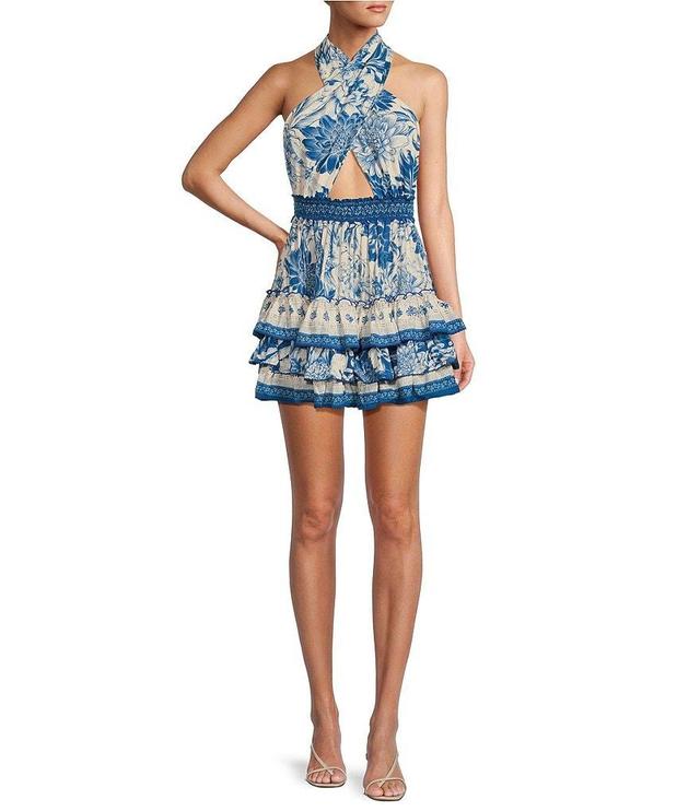 Agua Bendita Maona Halter Sleeveless Floral Print Ruffle Tiered A-Line Dress Product Image