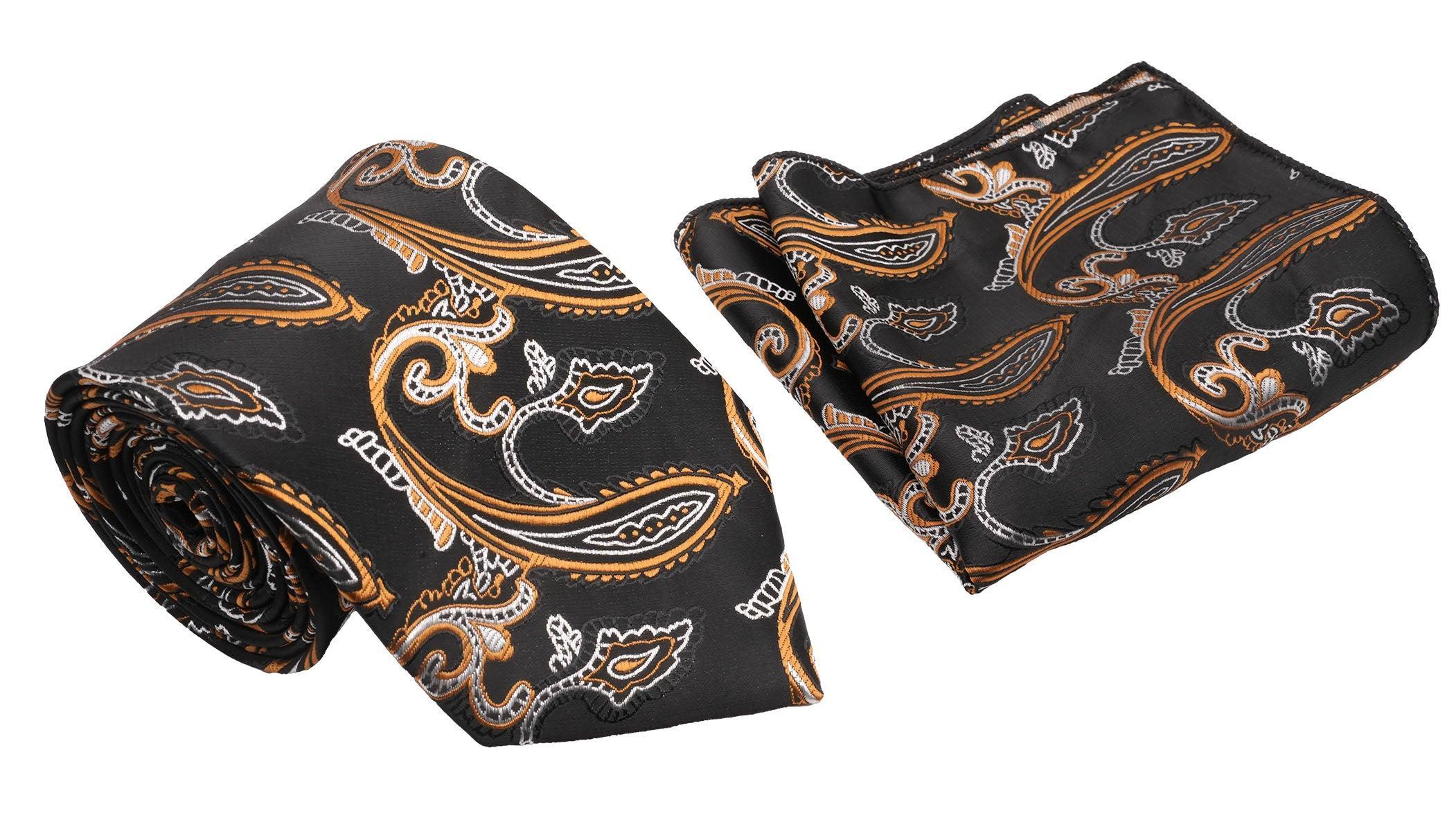 Black Gold Jacobean Pattern Men's Classic Tie and Pocket Square Set Male Product Image