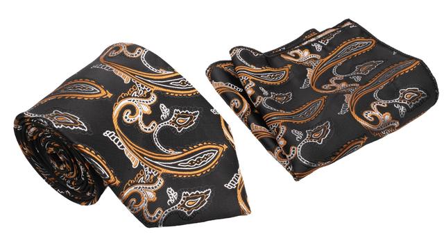 Black Gold Jacobean Pattern Men's Classic Tie and Pocket Square Set Male Product Image