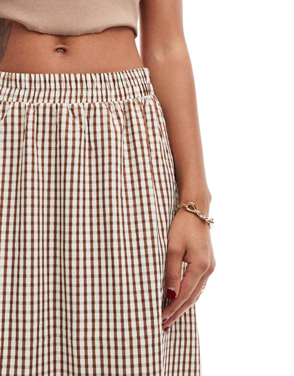 ONLY gingham maxi skirt in brown  Product Image