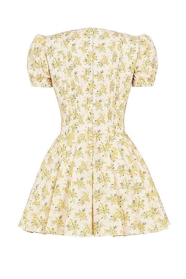 Imani Buttercup Vintage Floral Print Pleated Cotton Mini Dress Product Image