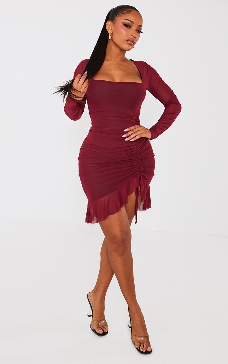 Shape Burgundy Mesh Long Sleeve Ruched Side Frill Hem Bodycon Dress Product Image