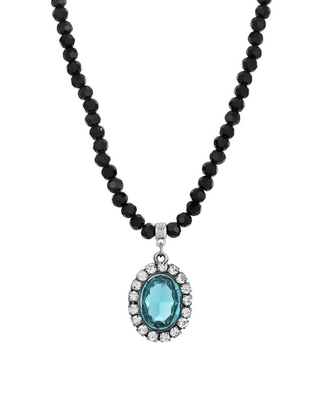 1928 Silver Tone Crystal Black Beaded Necklace, Womens, Blue Product Image