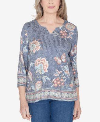 Womens Alfred Dunner Floral Border Split Neck Top Blue Team Product Image