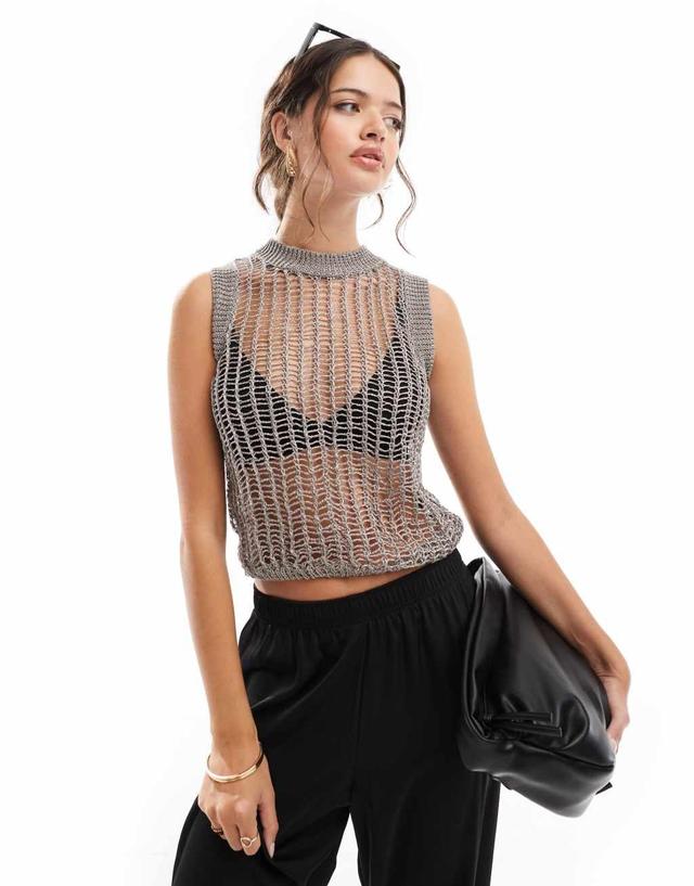 ASOS DESIGN metallic open stitch knitted tank top in silver Product Image