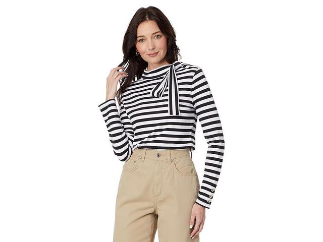 White & Black Stripe Bow-Detail Mock Neck Top - Women Product Image