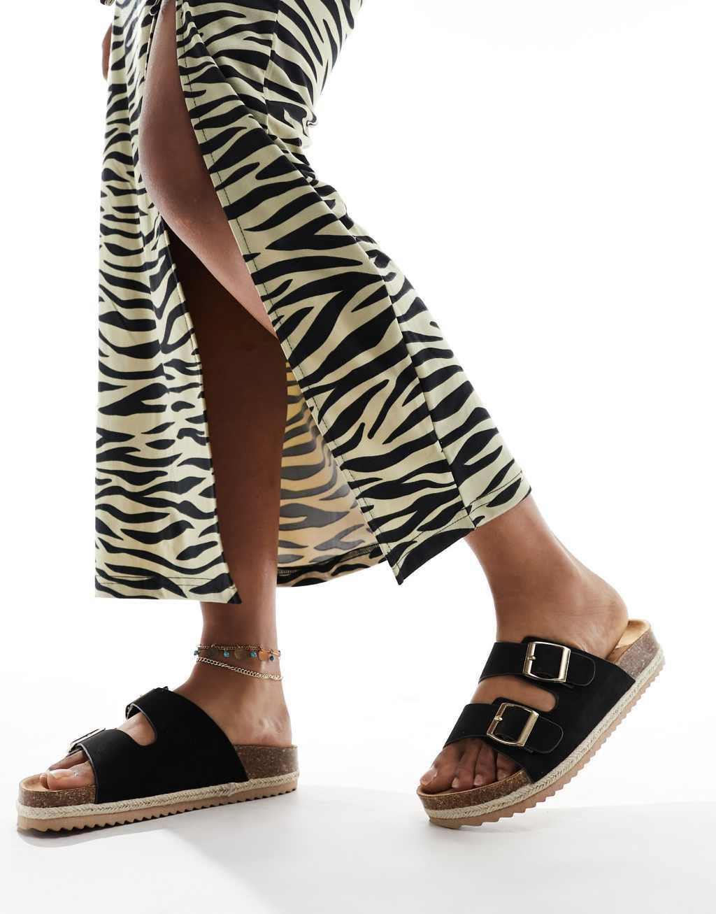 South Beach double buckle espadrille sandals in black textile Product Image