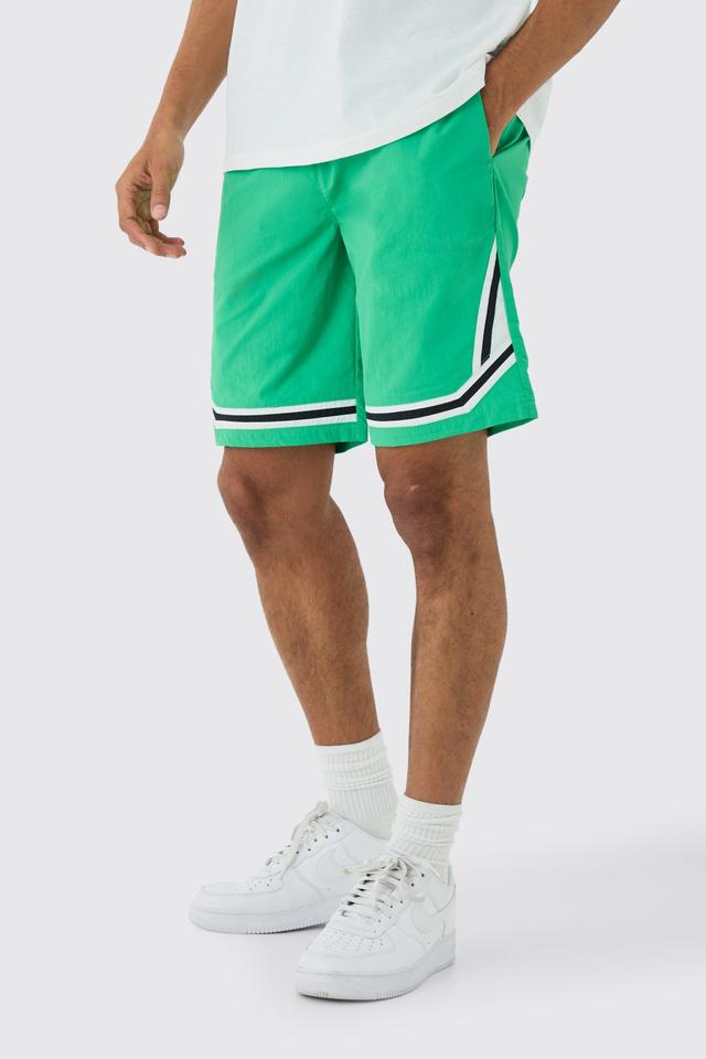 Elasticated Waist Piping Detail Shell Shorts In Green | boohooMAN USA Product Image