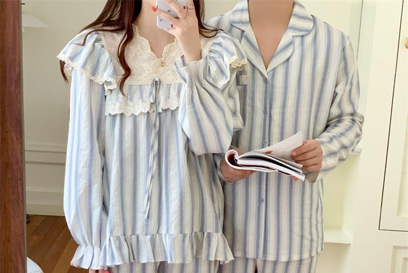 Couple Matching Long-Sleeve Striped Lace Trim Pajama Top / Pajama Dress / Pants / Shirt / Set Product Image