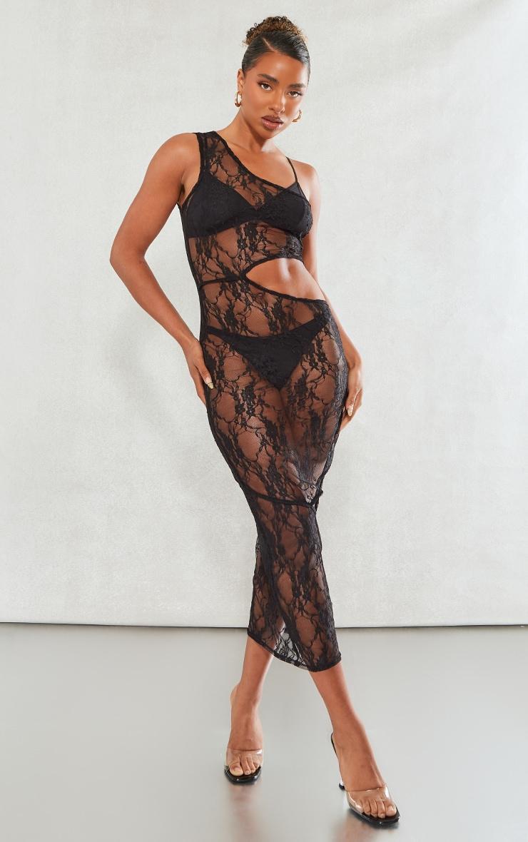 Black Sheer Lace One Shoulder Multi Cut Out Midaxi Dress Product Image