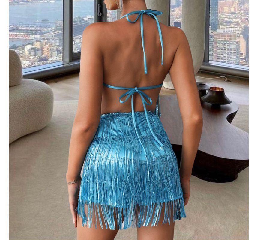 Halter-Neck Fringed Plain Romper Product Image